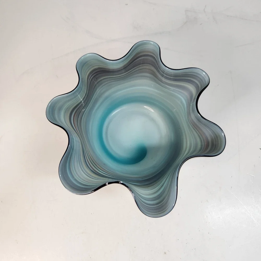 Vintage 3 Pc Murano-Style Art Glass Handkerchief Bowl Set Blue-Green Swirl Read
